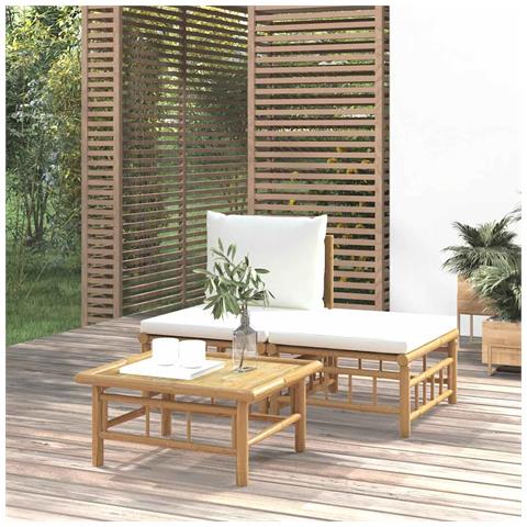 Set Salotto da Giardino 3pz con Cuscini Bianco Crema in Bambù - Foto 2