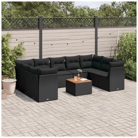 Set Divani da Giardino 10pz con Cuscini in Polyrattan Nero - Foto 2