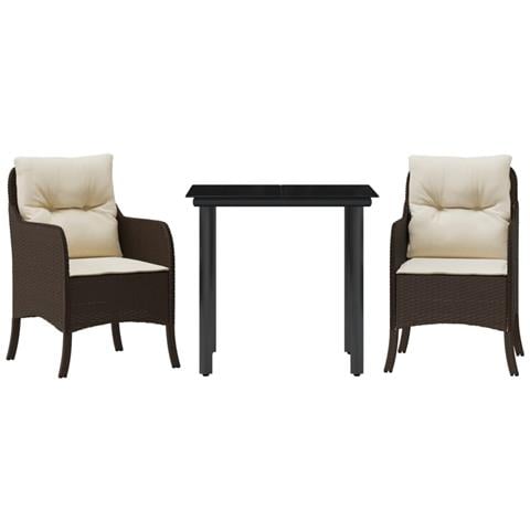 Set da Pranzo da Giardino 3pz con Cuscini in Polyrattan Marrone - Foto 1