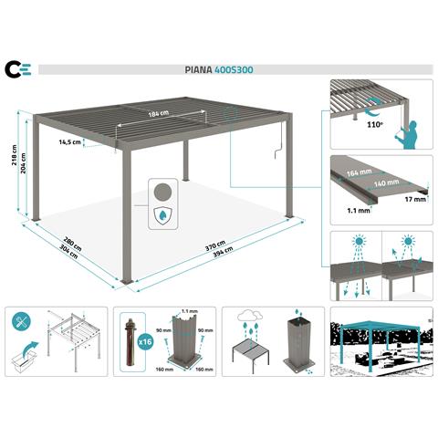 Pergola Bioclimatica Autoportante Piana 4x3m - Alluminio - Tortora - Lamelle Orientabili In Acciaio - Foto 8