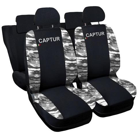 Coprisedili Auto Compatibili Per Captur, Made In Italy, Set Di Copri Sedili Anteriori E Posteriori Con Copri Poggiatesta Incluso, Tessuto Poliestere, Colore - Nero \mimetico Chiaro - Foto 1