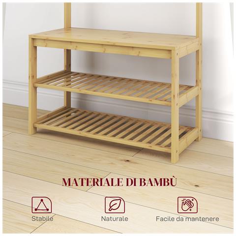Mobile Appendiabiti 3 in 1 in Bambù con 10 Ganci, 2 Aste e Panca Scarpiera, 70x31x170 cm, Marrone - Foto 2
