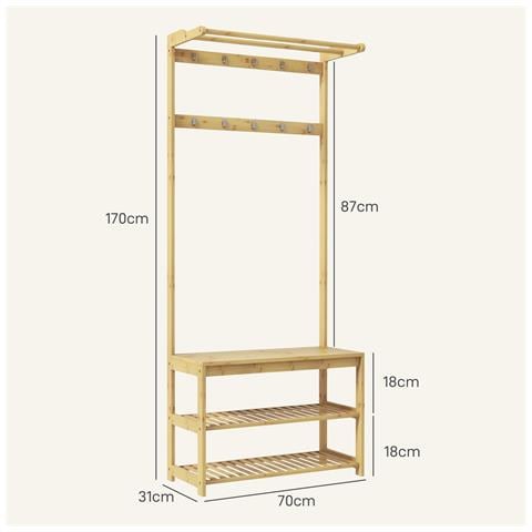 Mobile Appendiabiti 3 in 1 in Bambù con 10 Ganci, 2 Aste e Panca Scarpiera, 70x31x170 cm, Marrone - Foto 6