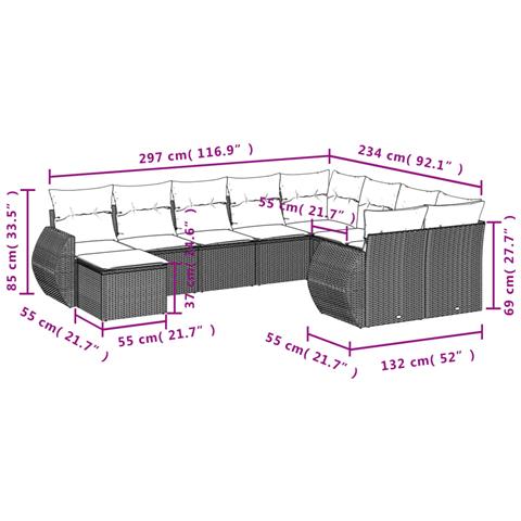 Set Divani Da Giardino 10pz Con Cuscini In Polyrattan Nero - Foto 3