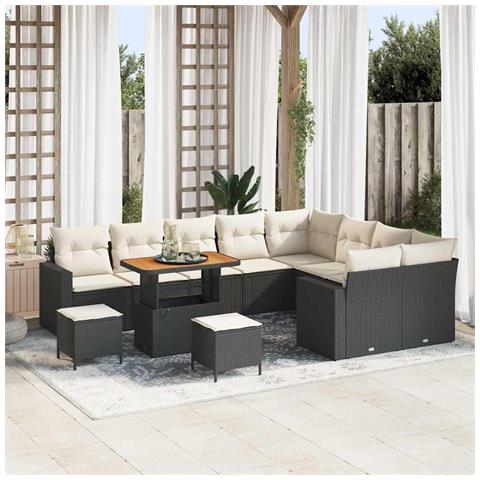 Set di divani da giardino  da 12 pezzi con cuscini neri in polirattan e acacia, Set da pranzo da giardino  da 3 pezzi con cuscini neri in polirattan e acacia - Foto 2