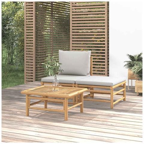 Set Salotto da Giardino 3pz con Cuscini Grigio Chiaro Bambù - Foto 2