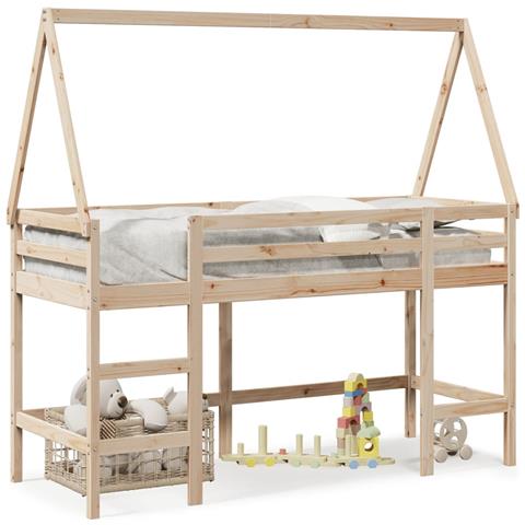 Letto Soppalco con Scala e Tetto 80x200 cm Legno Massello Pino - Foto 1