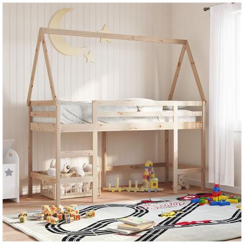 Letto Soppalco con Scala e Tetto 80x200 cm Legno Massello Pino - Foto 2