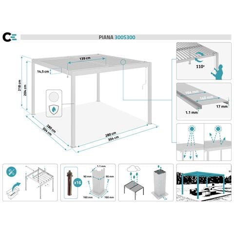 Pergola Bioclimatica Autoportante Piana 3x3m - Alluminio - Bianca - Lamelle Orientabili In Acciaio - Foto 8
