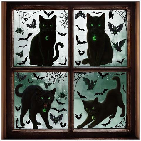 Decalcomania In Vetro Statico Con Gatto Nero E Pipistrello - Confezione Da 4 Decorazioni Per Halloween - Foto 1