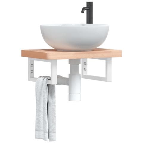 Ripiano a Parete per Lavabo in Acciaio e Massello di Faggio - Foto 2