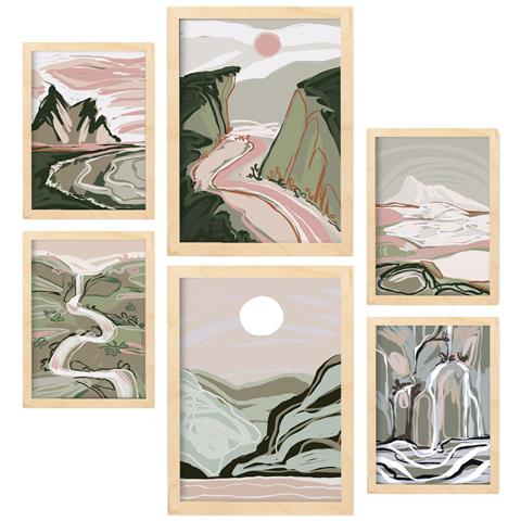 Set Di 6 Stampe Natura Complessa 1 In Sfondi Astratti Dipinti Decorativi Estetici Per Il Tuo Soggiorno Di Casa A3 & A4 Telaio In Legno Chiaro - Foto 1