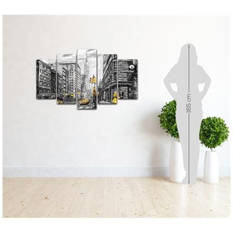 Quadro Ny, Decorazione Da Parete, Città E Paesaggi, 5 Pezzi, Da Soggiorno, Camera, Multicolore In Legno Di Pino, Poliestere, 100 X 3 X 60 Cm - Foto 2