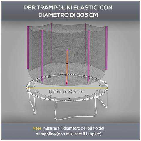 Rete Di Protezione Per Trampolini A 6 Pali Con Ingresso Con Cerniera, In Pe, Ø305x180 Cm, Nero E Rosa - Foto 2