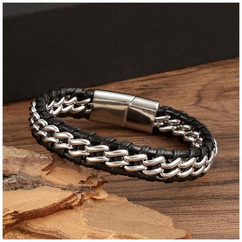 Bracciale Da Uomo Con Polsino In Pelle Pu Intrecciata - Foto 2