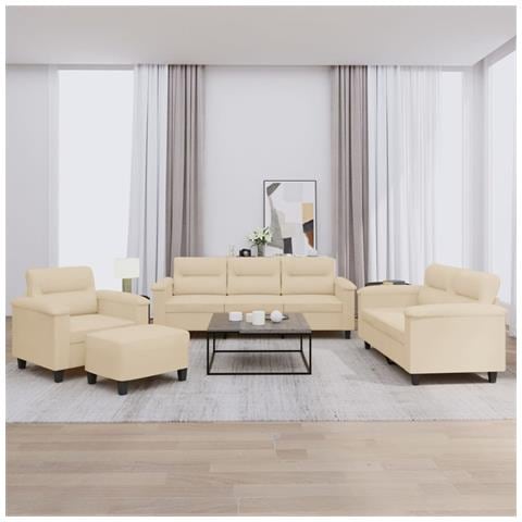 Set Divani 4 Pz Con Cuscini Crema In Tessuto Microfibra - Foto 1