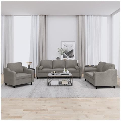 Set Divani 3 Pz Con Cuscini Tortora In Tessuto - Foto 1