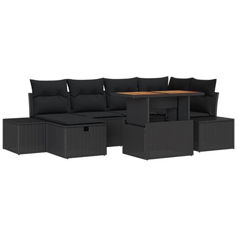 Set da Pranzo da Giardino a 7 Pezzi con Cuscini Neri in Polyrattan Acacia - Foto 1