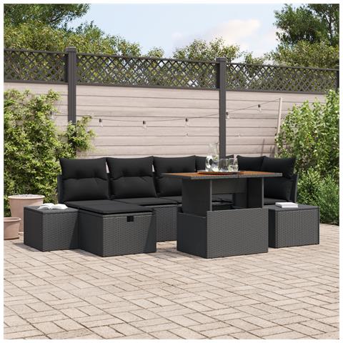 Set da Pranzo da Giardino a 7 Pezzi con Cuscini Neri in Polyrattan Acacia - Foto 2