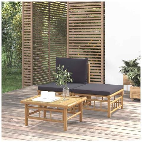 Set Salotto da Giardino 3pz con Cuscini Grigio Scuro Bambù - Foto 2