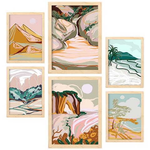 Set Di 6 Stampe Natura Complessa 2 In Sfondi Astratti Dipinti Decorativi Estetici Per Il Tuo Soggiorno Di Casa A3 & A4 Telaio In Legno Chiaro - Foto 1