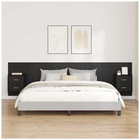 Testata con Comodino 3 pcs Rovere Nero Legno multistrato - Foto 2
