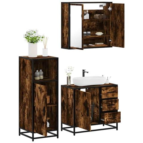 Set Mobili Da Bagno 3 Pz Rovere Fumo In Legno Multistrato - Foto 1