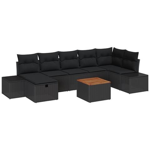 Set divani da giardino 8 pezzi con cuscini Nero Polyrattan - Foto 1