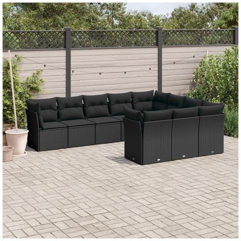 Set Divani da Giardino 10pz con Cuscini in Polyrattan Nero - Foto 2