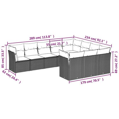 Set Divani da Giardino 10pz con Cuscini in Polyrattan Nero - Foto 3