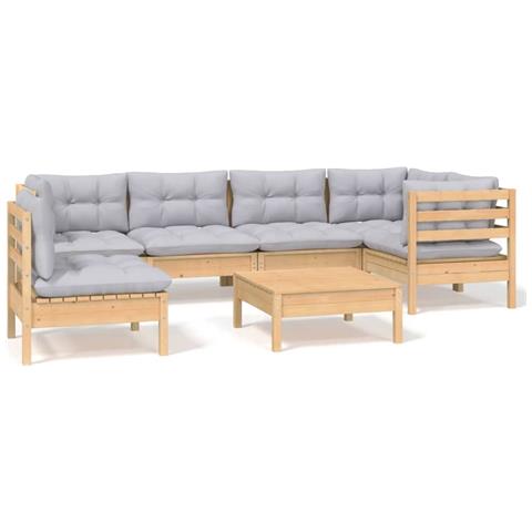 Set Divani da Giardino 7 pz con Cuscini Grigi Massello di Pino - Foto 1
