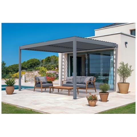 Pergola Bioclimatica Addossata Piana 4x3m - Alluminio - Grigio - Lamelle Orientabili In Acciaio - Foto 1