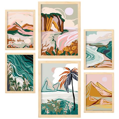 Set Di 6 Stampe Natura Complessa 3 In Sfondi Astratti Dipinti Decorativi Estetici Per Il Tuo Soggiorno Di Casa A3 & A4 Telaio In Legno Chiaro - Foto 1