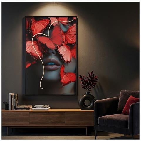Stampa Con Led Su Tela Butterflies Volto Con Farfalle Rosse Con Applicazione 3d - Foto 8
