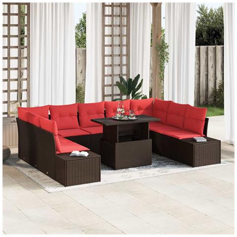 Set Divano da Giardino con cuscino 10 pcs Marrone e rosso - Foto 2
