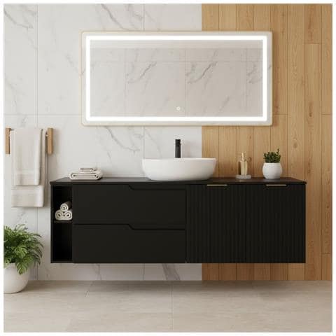 Mobile sottolavabo, Bianco e marrone, 160 cm, Con piano d'appoggio, 4 cassetti, Sospeso, Frontali in MDFMobilecon 1 anta, MODERNO - Foto 2