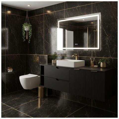 Mobile sottolavabo, Bianco e marrone, 160 cm, Con piano d'appoggio, 4 cassetti, Sospeso, Frontali in MDFMobilecon 1 anta, MODERNO - Foto 5