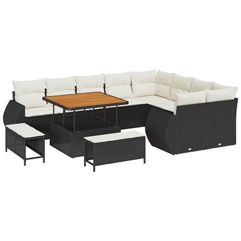 Set di divani da giardino  da 12 pezzi con cuscini Nero Polyrattan Acacia, Set da giardino  da 3 pezzi con cuscini Nero Polyrattan Acacia - Foto 1