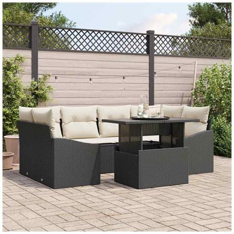Set di Divani da Giardino in 7 Pezzi con Cuscini Nero Rattan PE - Foto 2