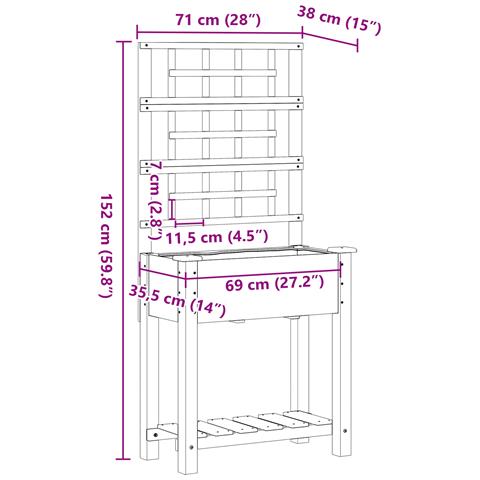 Fioriera da Giardino con Trellis e Ripiano 71x37x152 cm in Legno Massello di Abete - Foto 9