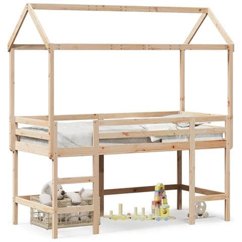Letto Soppalco con Scala e Tetto 90x190 cm Legno Massello Pino - Foto 1