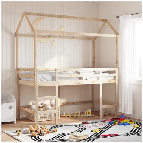 Letto Soppalco con Scala e Tetto 90x190 cm Legno Massello Pino - Foto 2