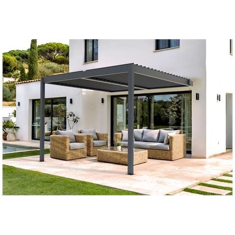 Pergola Bioclimatica Addossata Piana 3x3m - Alluminio - Grigio - Lamelle Orientabili In Acciaio - Foto 1