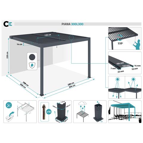 Pergola Bioclimatica Addossata Piana 3x3m - Alluminio - Grigio - Lamelle Orientabili In Acciaio - Foto 7