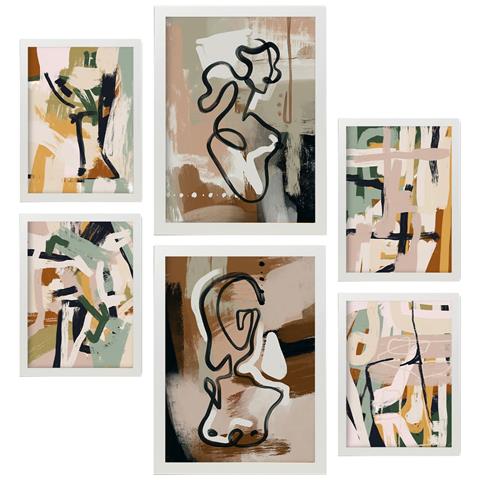Set Di 6 Stampe Forme Stravaganti In Dipinti Decorativi Estetici Astratti Femminili Per Il Tuo Soggiorno A Casa A3 & A4 Cornice Bianca - Foto 1