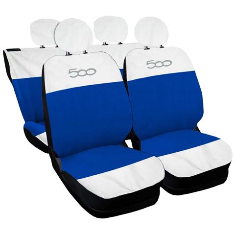Coprisedili Auto Compatibili Per 500, Made In Italy, Set Di Copri Sedili Anteriori E Posteriori (bicolore Orizz.) Con Copri Poggiatesta Incluso, Tessuto Poliestere, Colore - Bianco \blue Royal - Foto 1