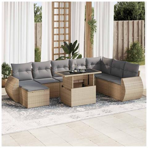 Set Divano Da Giardino 9 Pz Con Cuscini Beige In Polyrattan - Foto 1