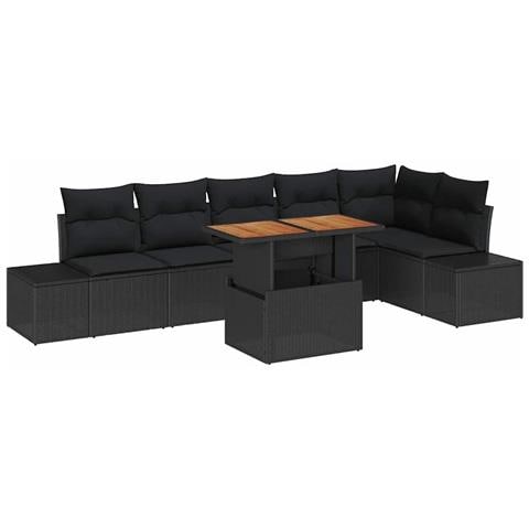 Set da Pranzo da Giardino a 7 Pezzi con Cuscini Nero Polyrattan Acacia - Foto 1