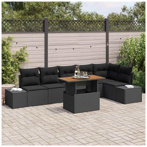 Set da Pranzo da Giardino a 7 Pezzi con Cuscini Nero Polyrattan Acacia - Foto 2