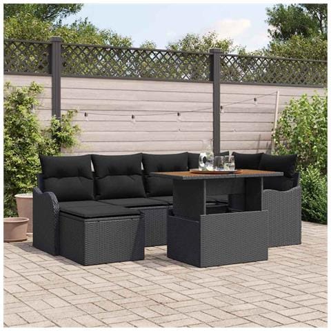 Set Divano da Giardino 7 Pezzi con Cuscini Nero Rattan Polimerico Acacia, Divano da Giardino 2 Posti con Cuscini Nero Rattan Polimerico - Foto 2